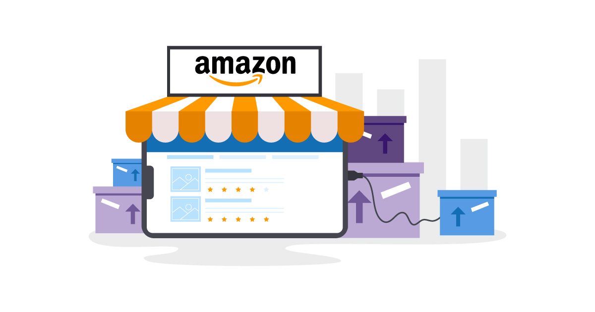 lustración de una tienda en línea de Amazon con cajas y gráficos de barras en el fondo.